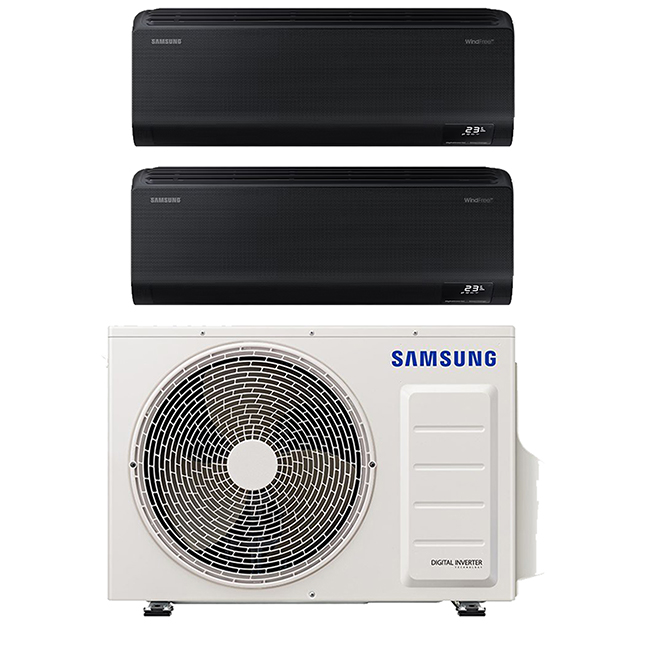 Multi-split geconnecteerd op 2 kamers met een zwarte Samsung Windfree Comfort. Met 1 airconditioning buitentoestel verschillende ruimtes koelen en verwarmen.