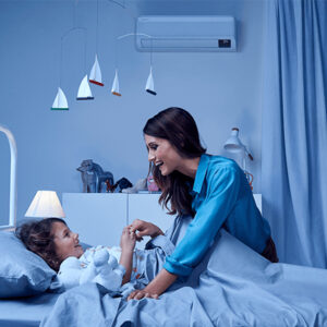 Samsung Windfree Comfort: Witte airco met strak design. Verspreidt koude lucht zonder sterke luchtstroom, ideaal voor kinderslaapkamer.