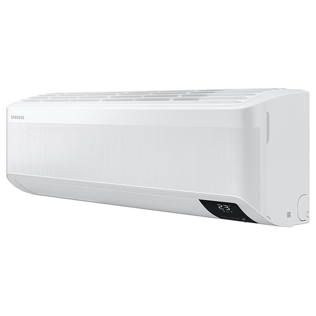 Witte Samsung Windfree Eliteairconditioner op muur. Stil, energiezuinig, Windfree-technologie voor comfortabele luchtstroom. Auto-modus, slaapmodus, timer.
