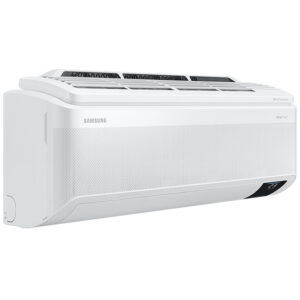 Witte Samsung Windfree Pure op zwarte achtergrond: Stil, energiezuinig met gelijkmatige luchtstroom. Auto-modus, slaapmodus, timer voor optimaal comfort.