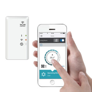 Fujitsu wifi module met een hand die wijst op een smartphone met de Fujitsu app