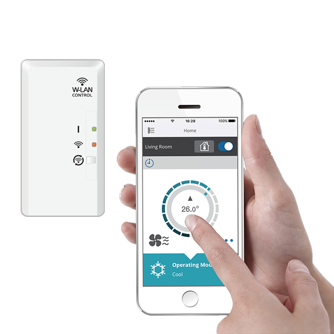 Fujitsu wifi module met een hand die wijst op een smartphone met de Fujitsu app