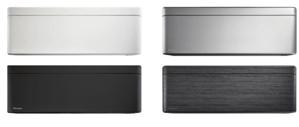 Toont de Daikin Stylish airco kleuren. Links boven in het wit, rechtsboven in het zilver, linksonder in het zwart en rechtsonder in het zwarthout