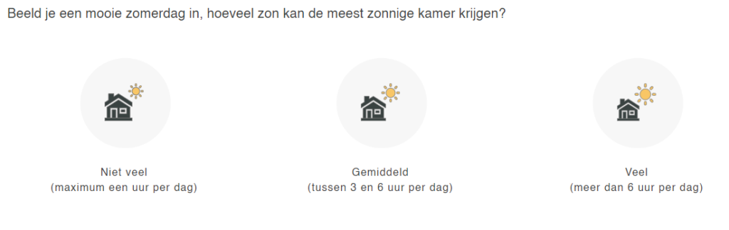 Toont de verschillende opties hoeveel zon een kamer krijgt waarin een airco wordt geplaatst.