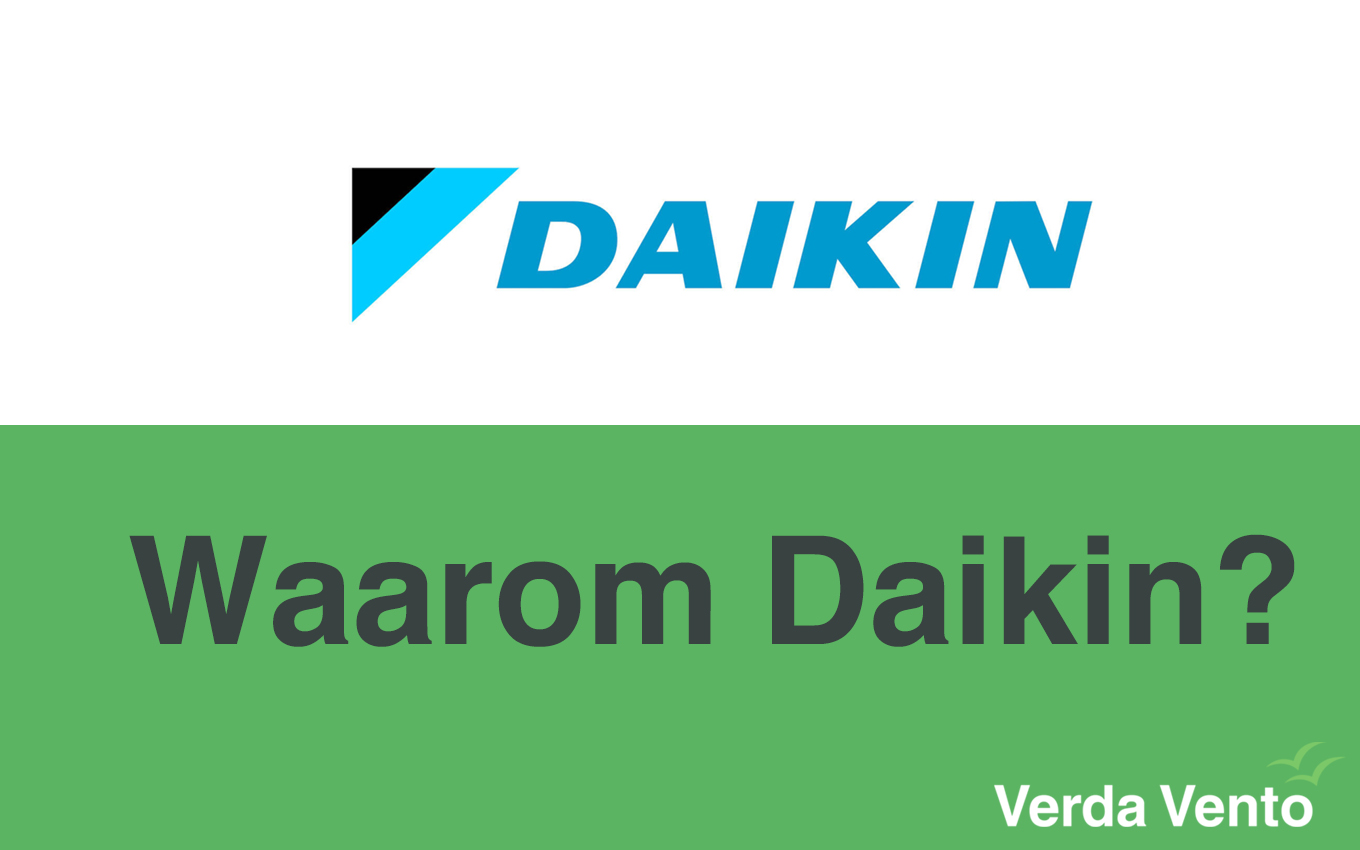 Toont een afbeelding waarvan de tophelft in het wit is en de onderhelft in het groen. De witte helft bevat het Daikin logo en de groene helft bevat een tekst 'Waarom Daikin'